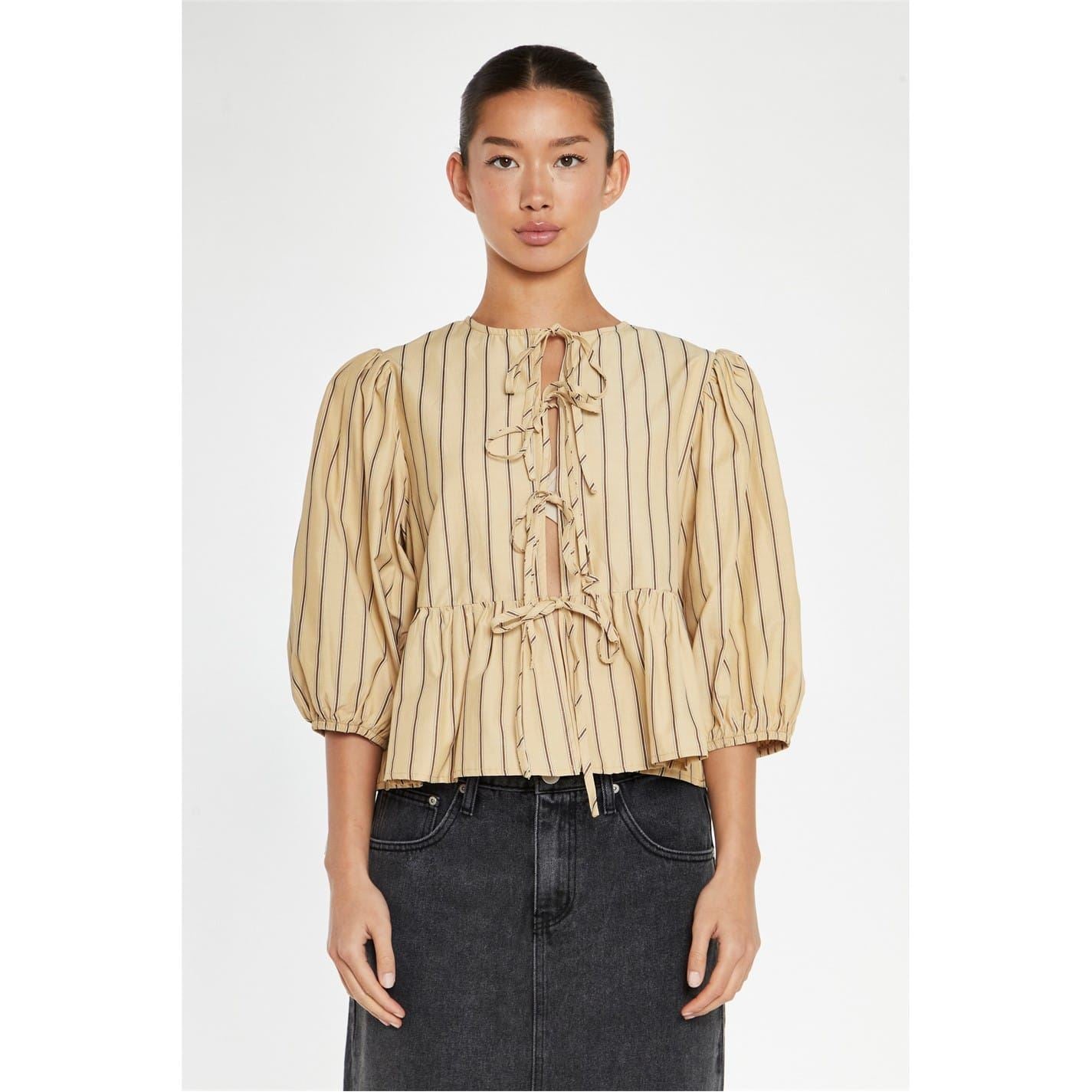 Glamorous Beige Brown Stripe Tie Front  Top