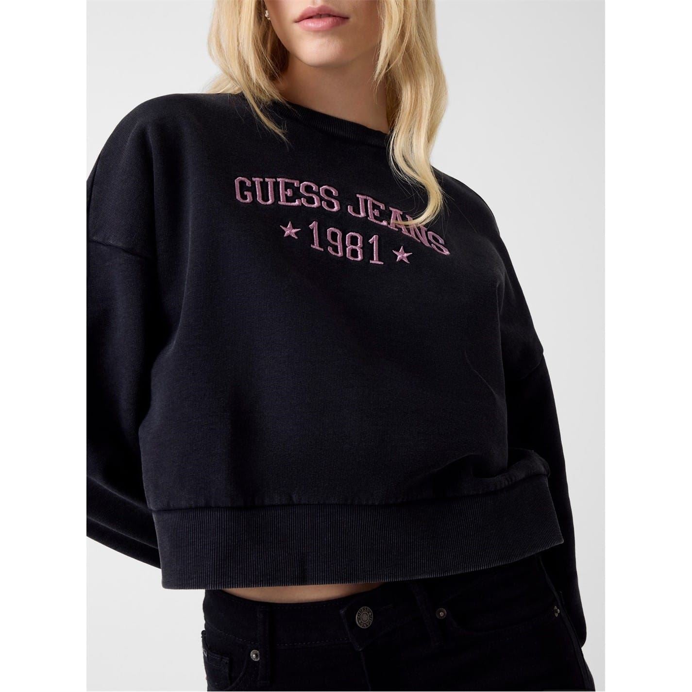 Guess Star Embroidered Arch Lettering Crew Neck Long Sleeve Sweatshirt