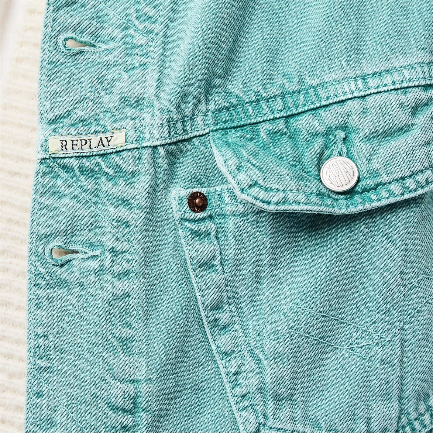 Replay Solid Patterned Snap Button Denim Jacket with Pockets