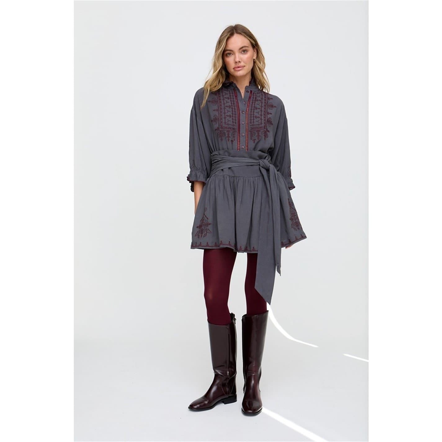 Raffya Julie Embroidered High Collar Ruffle Sleeve Peasant Shirt