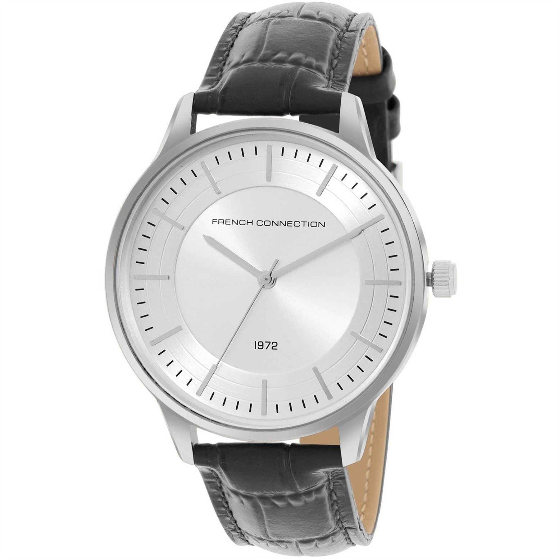 French Connection Connection Silver Case Round Shape Black Strap Quartz Watch