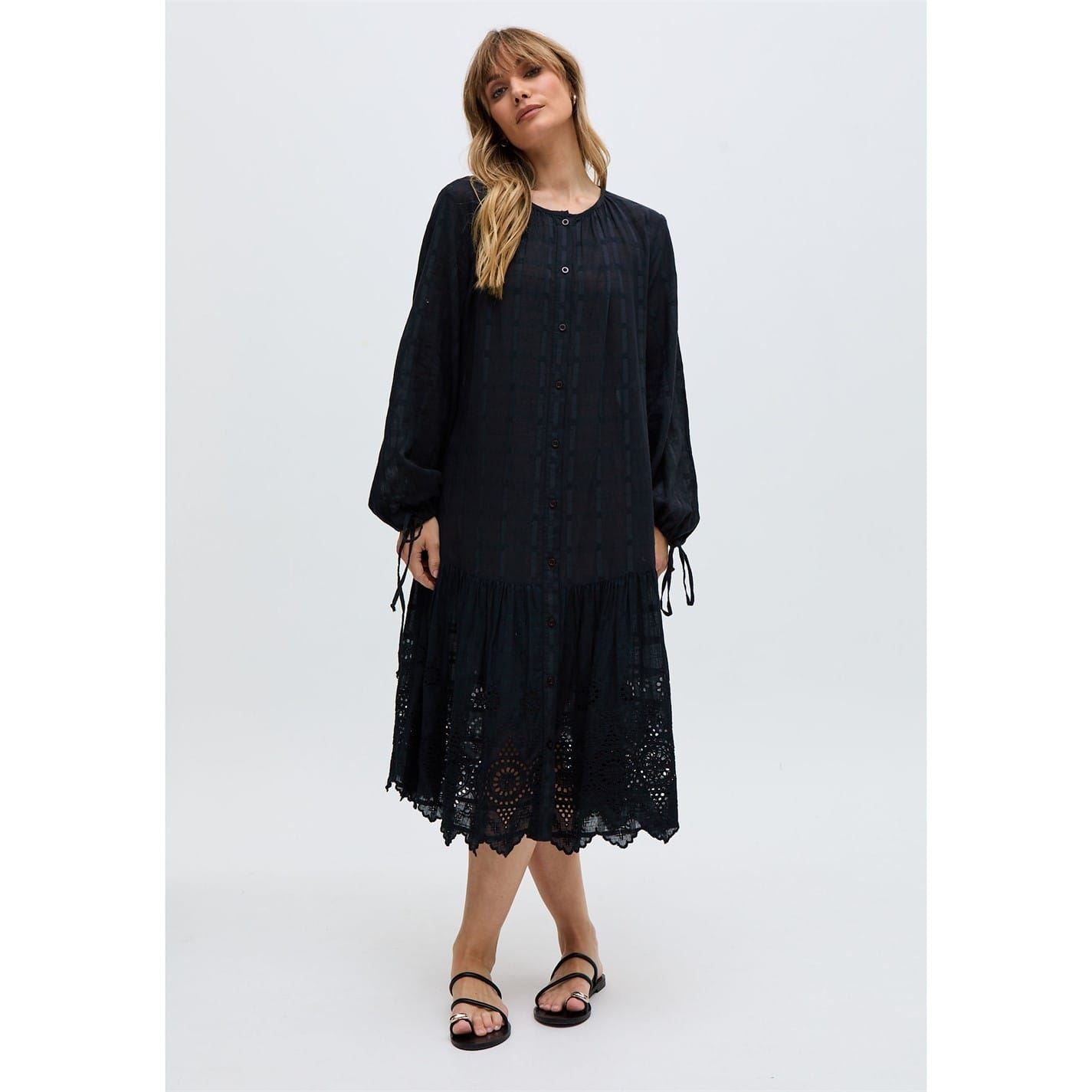 Raffya Button Down Embroidered Midi Dress In Black