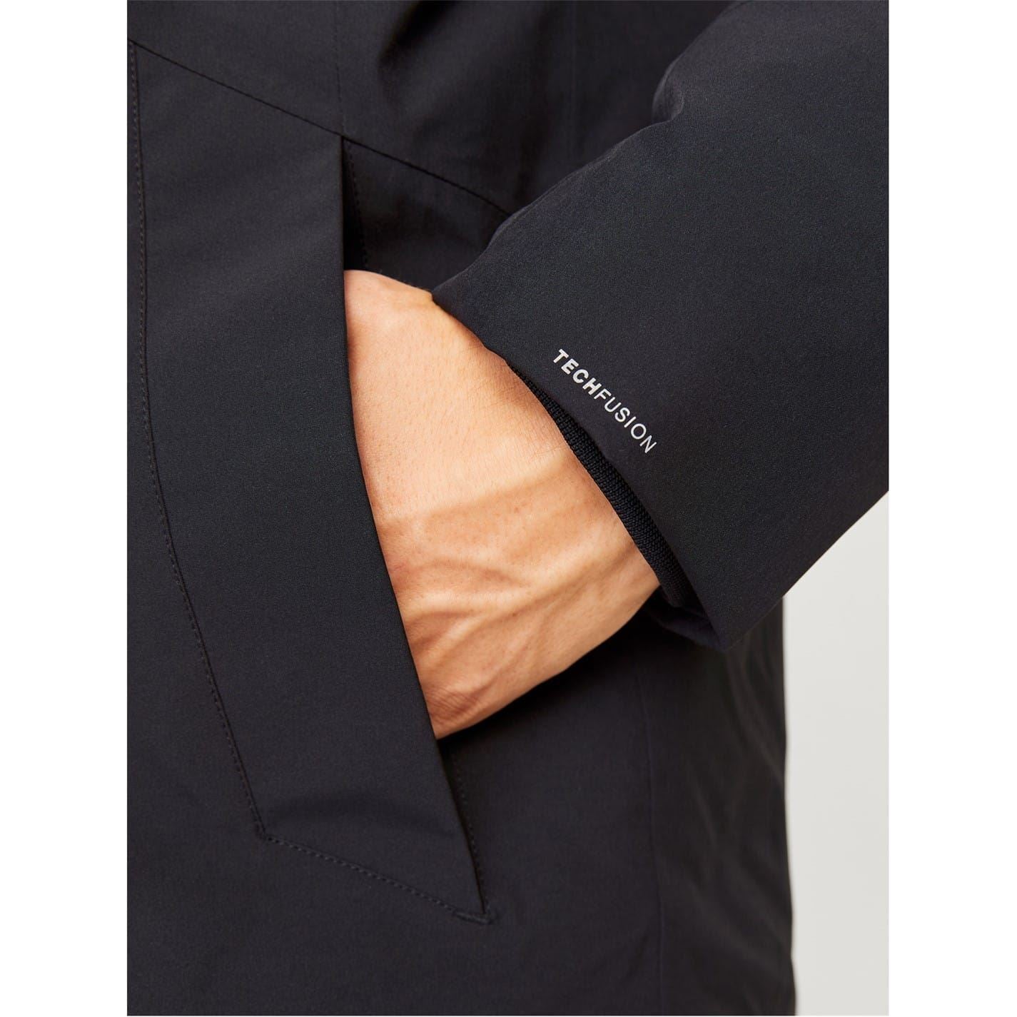 Jack and Jones Hooded Snap Button Solid Patterned Parka Coat