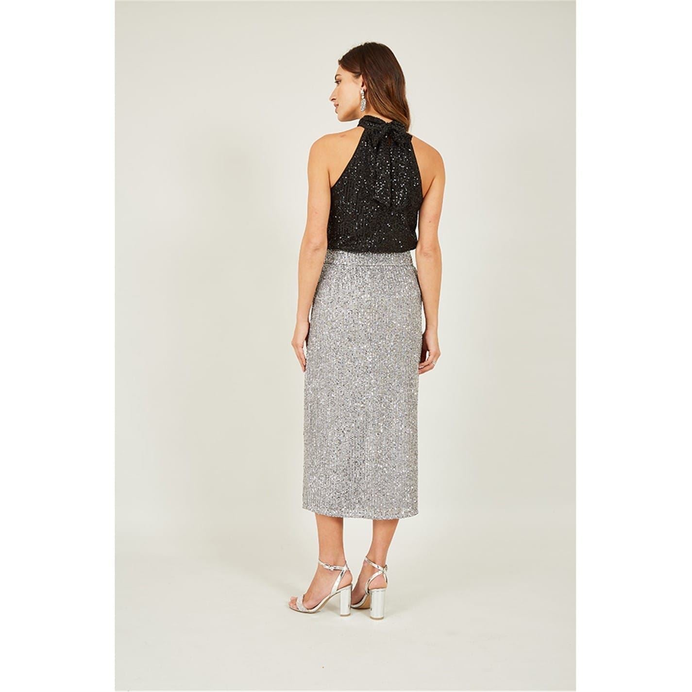 Yumi Silver Sequin Midi Pencil Skirt