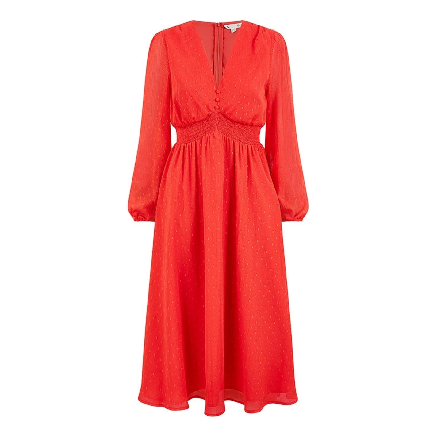 Yumi Red Metallic V-Neck Midi Dress