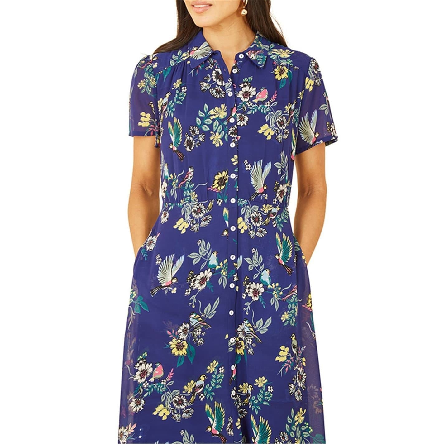 Yumi Bird Print Collared Neck Midi Dress