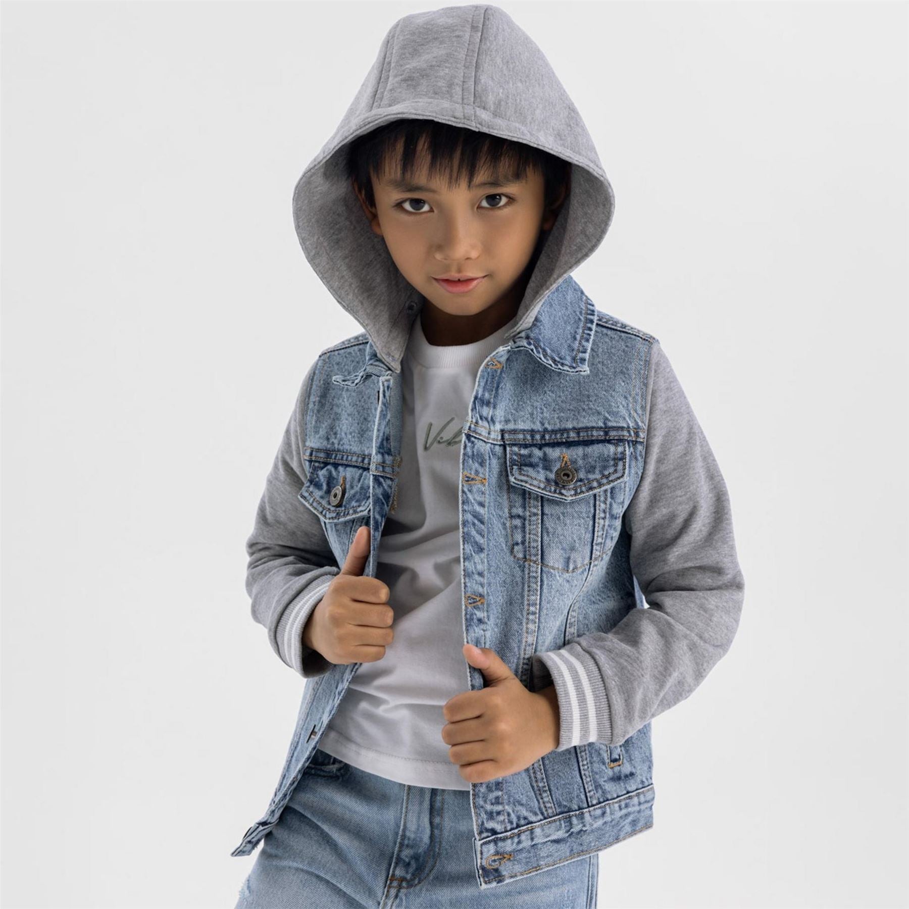 Minoti Boys Denim Jacket Fleece Sleeves Detachable Hood Light Blue