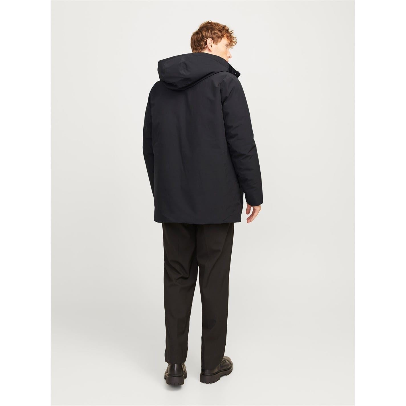 Jack and Jones Hooded Snap Button Solid Patterned Parka Coat