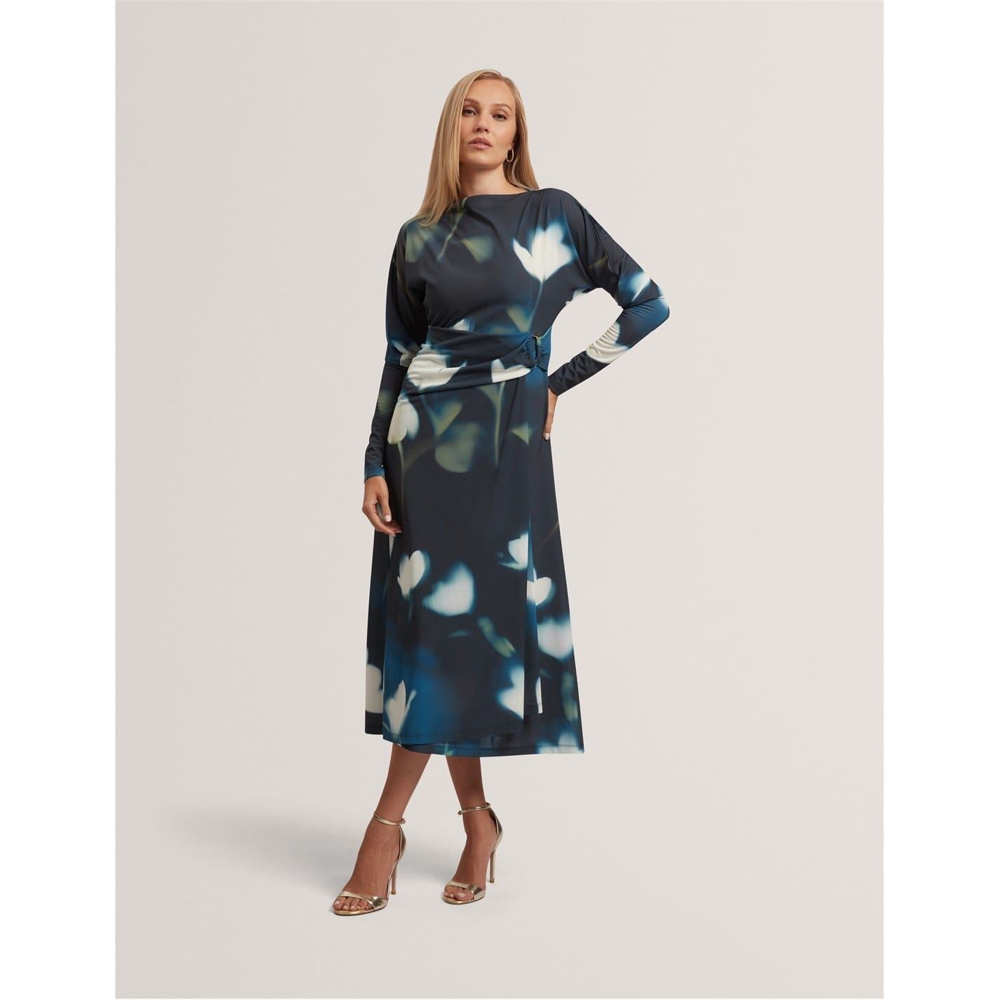 Ted Baker Print Boat Neck Long Sleeve Midi Dress