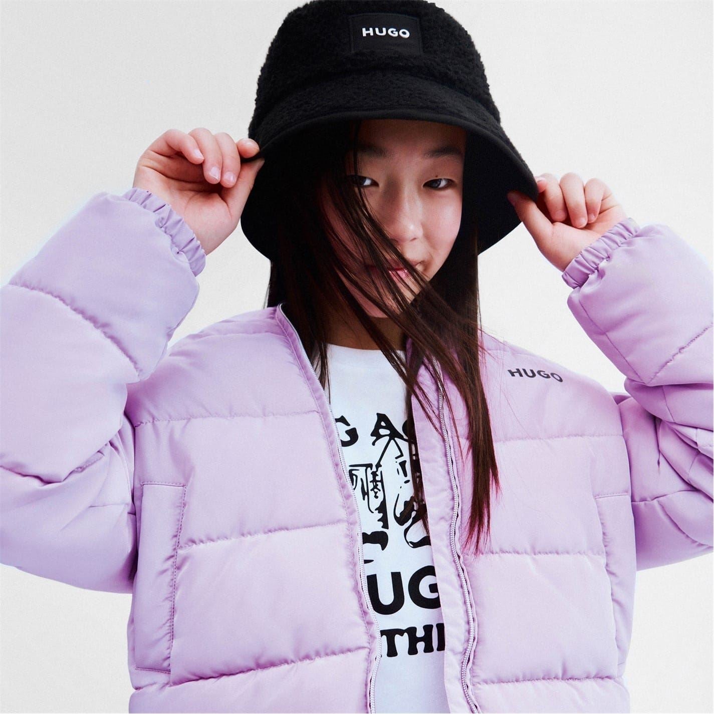 Hugo Solid Patterned Hooded Zipped Pocket Puffer Jacket