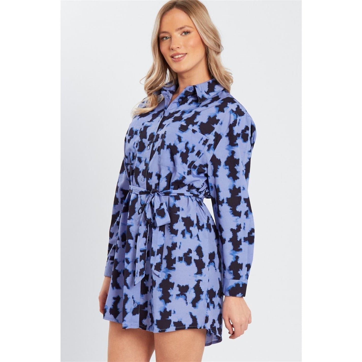 Wednesday Girls Blur Print Belted Collared Neck Mini Dress