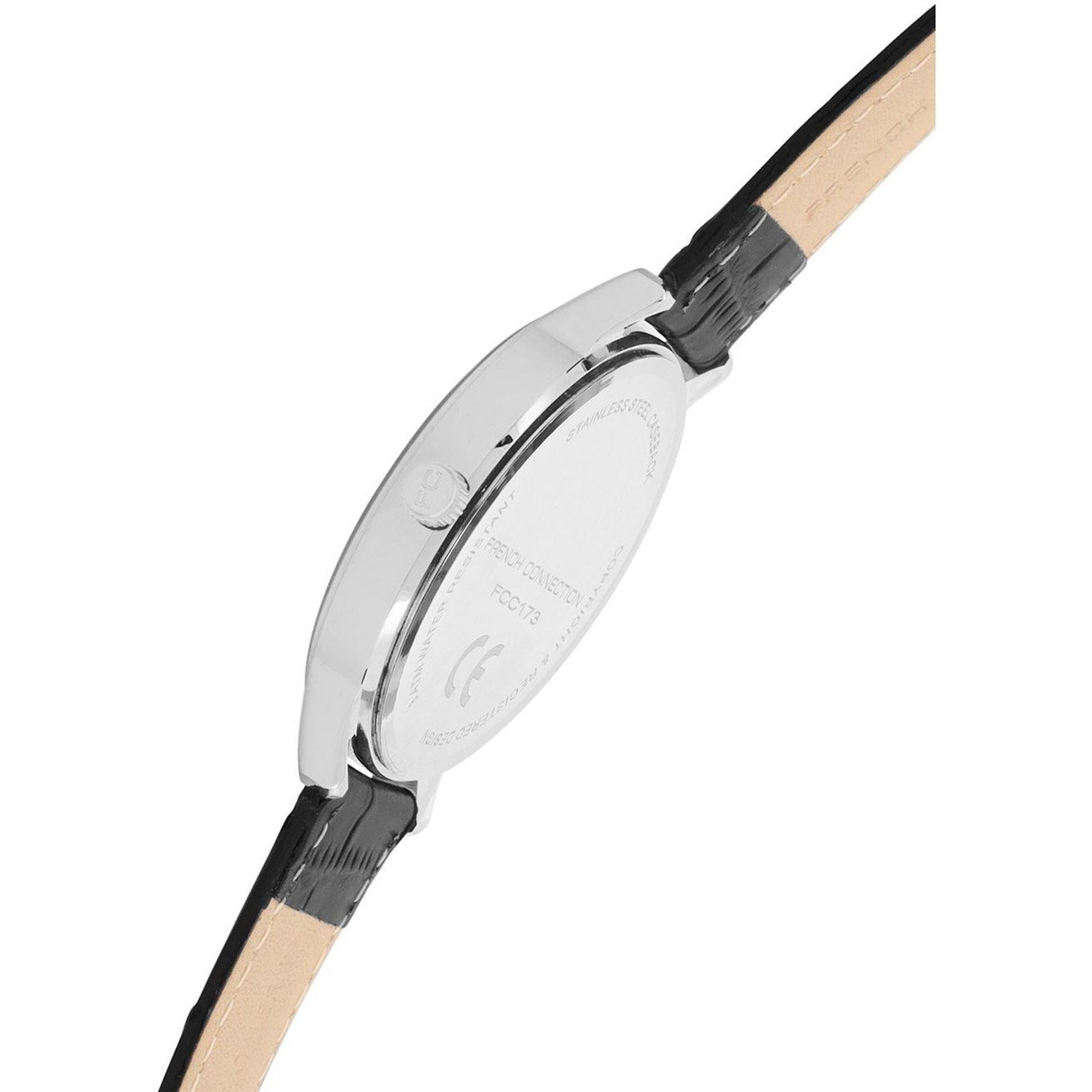 French Connection Connection Silver Case Round Shape Black Strap Quartz Watch