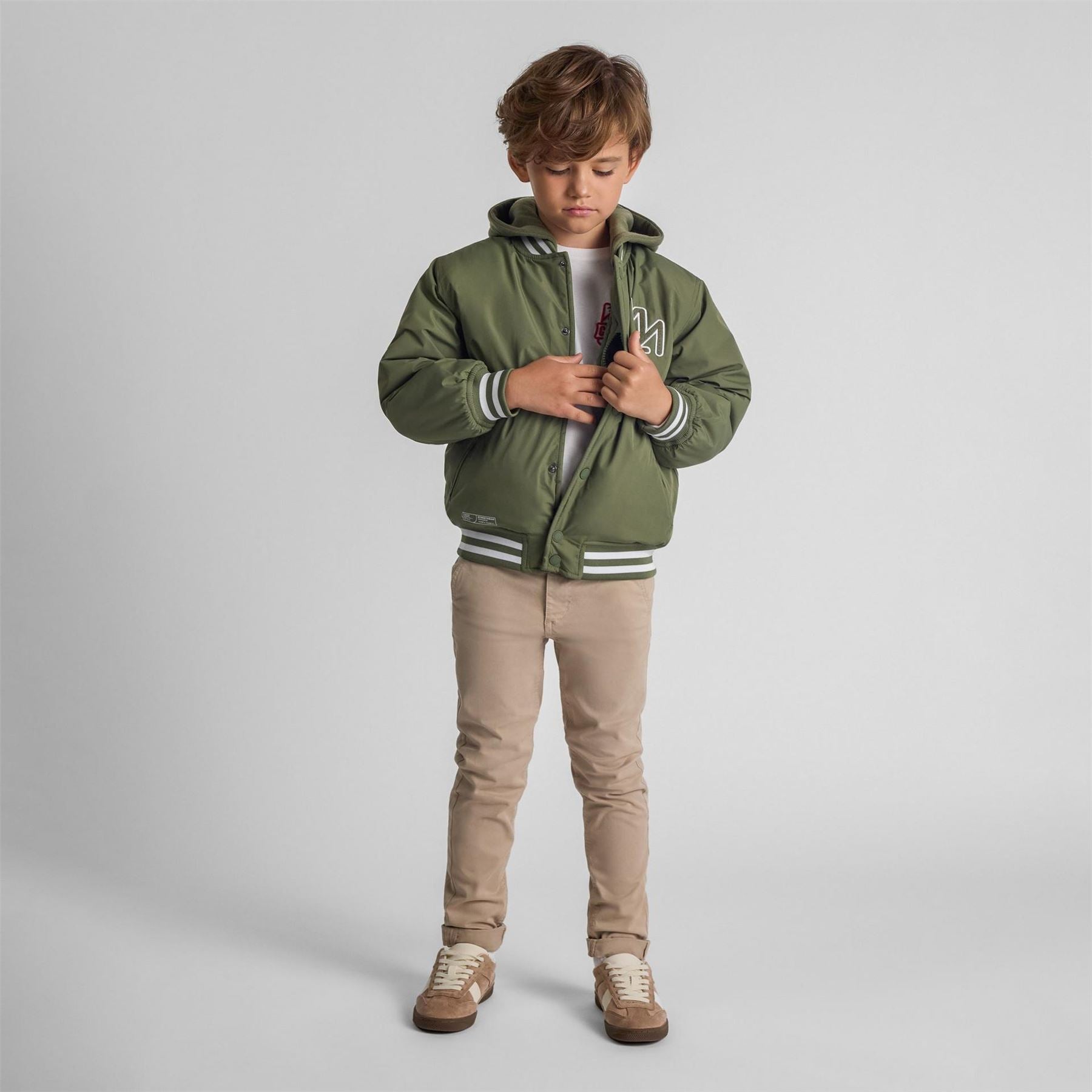Minoti Boys Baseball Jacket Detachable Hood Embroidery Khaki