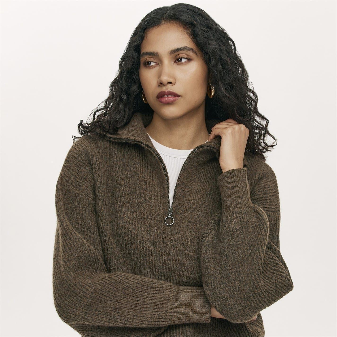 Finery Maddy Zip Neck Funnel Long Sleeve Sweater