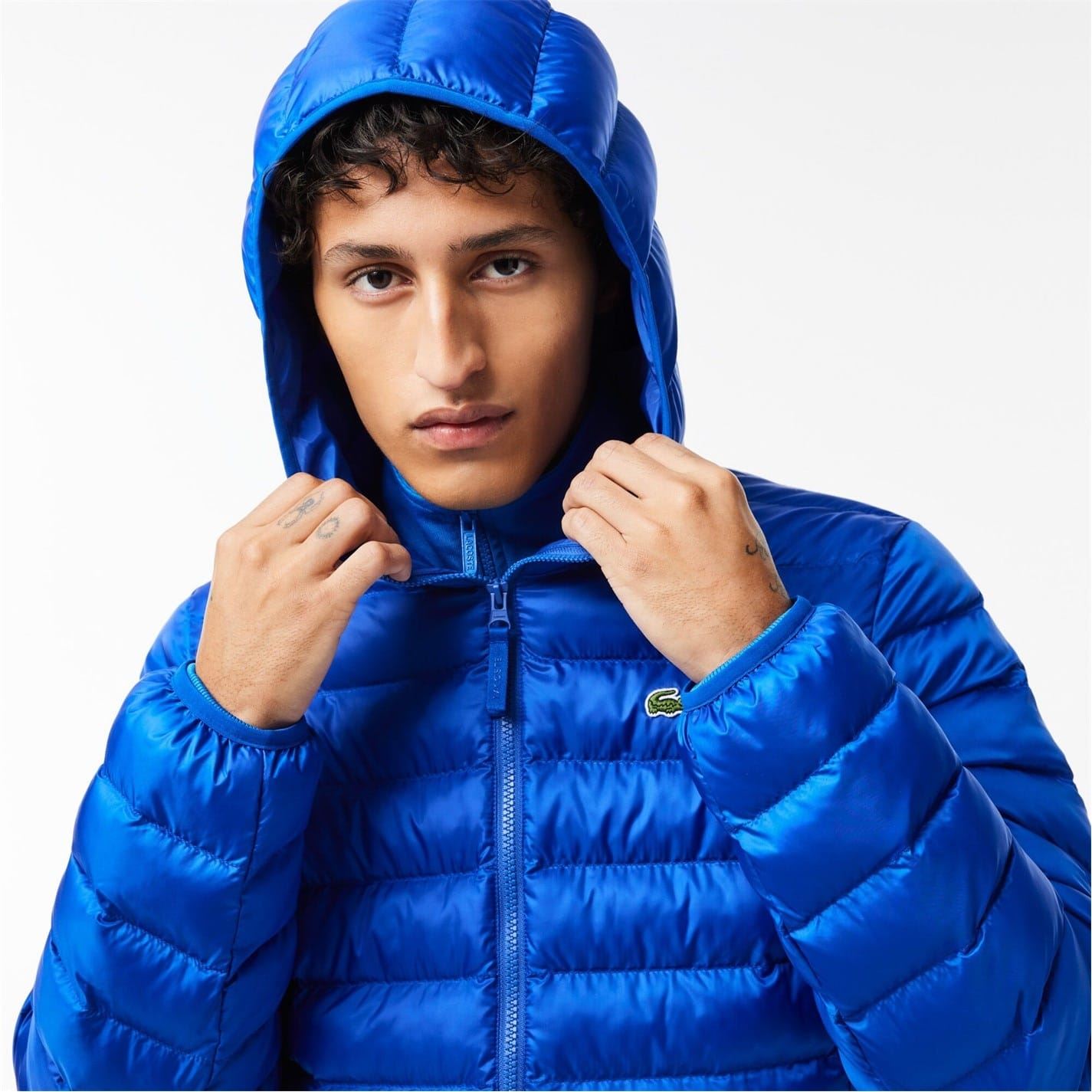 Lacoste Solid Patterned Hooded Quilted Puffer Jacket