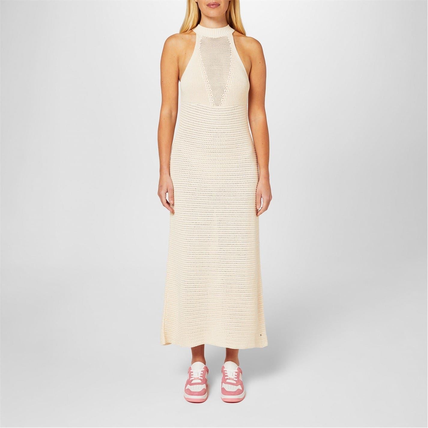 Tommy Hilfiger Crochet Halter Neck Midi Dress