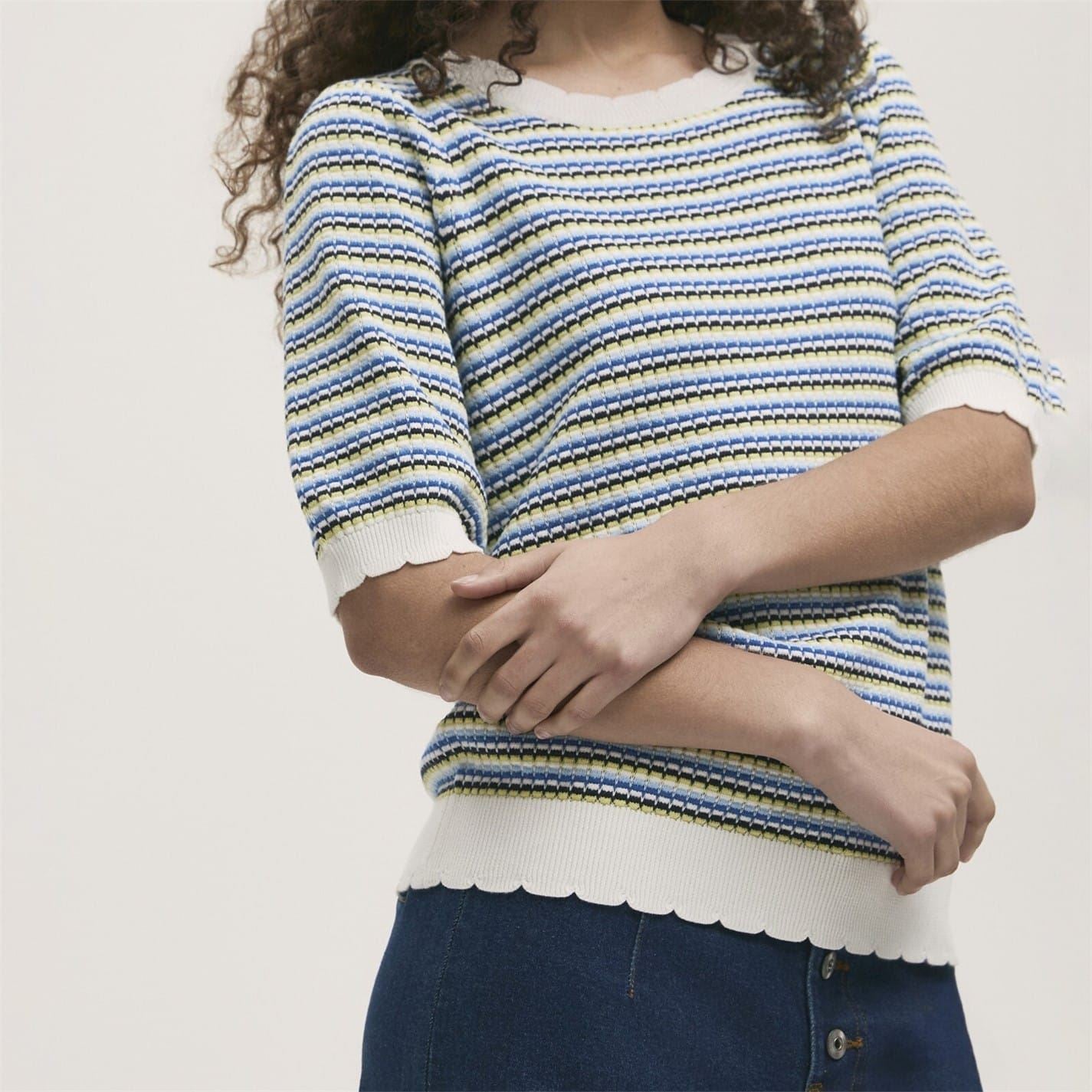 Finery Relaxed Fit Short Sleeve Scallop Ribbed Hem Sweater