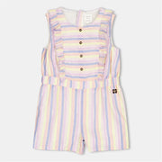 Carrement Beau Crew Neck Ruffle Stripe Patterned Romper