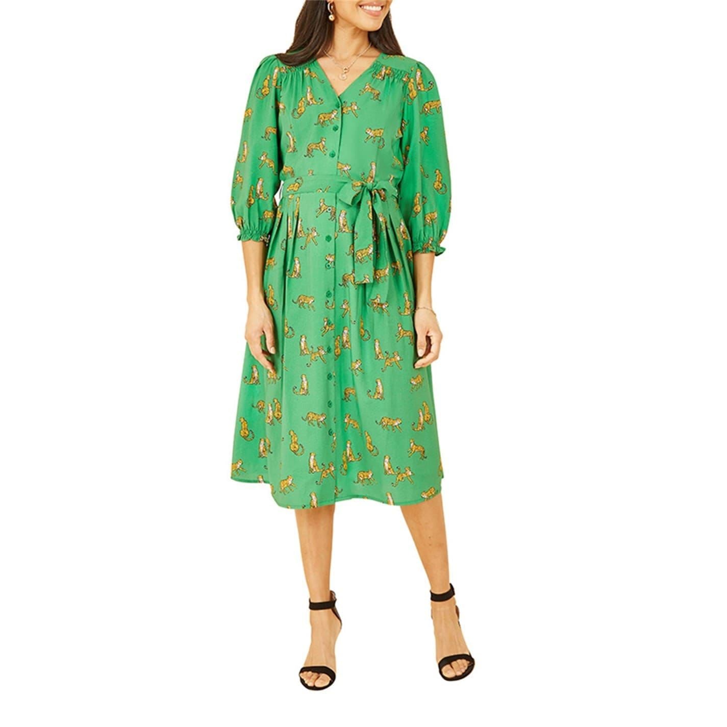 Yumi Cheetah Print V-Neck Midi Dress