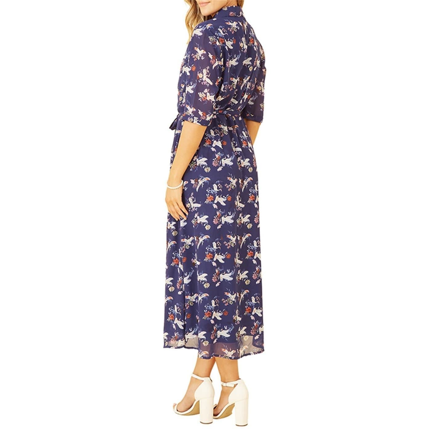 Yumi Crane Print Collared Neck Midi Dress