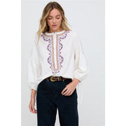 Raffya Embroidered Notched Neck Band Collar Peasant Blouse