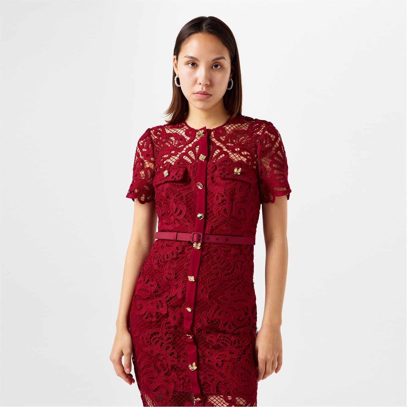 Self Portrait Guipure Lace Button Midi Dress