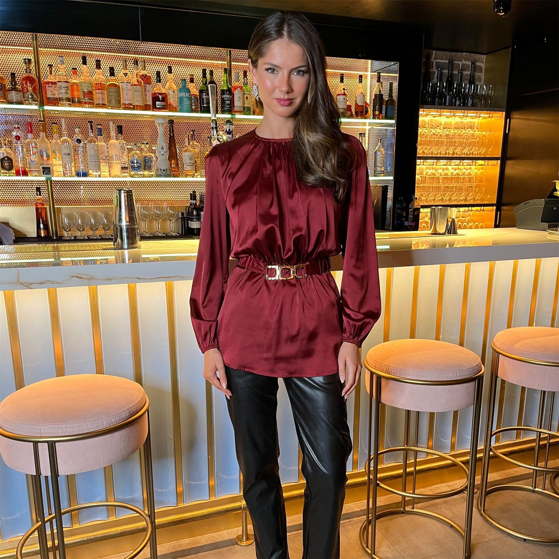 AX Paris Satin Long Sleeve Gold Detail Belt Top