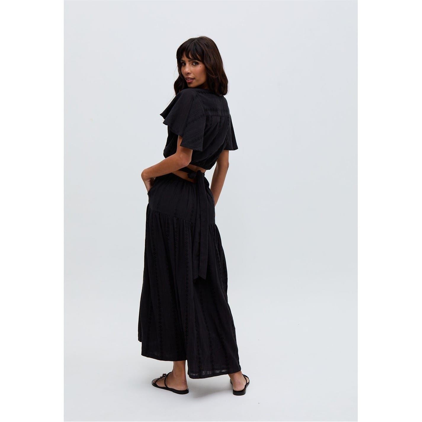 Raffya Flutter Sleeve Jacquard Maxi Dress In Black