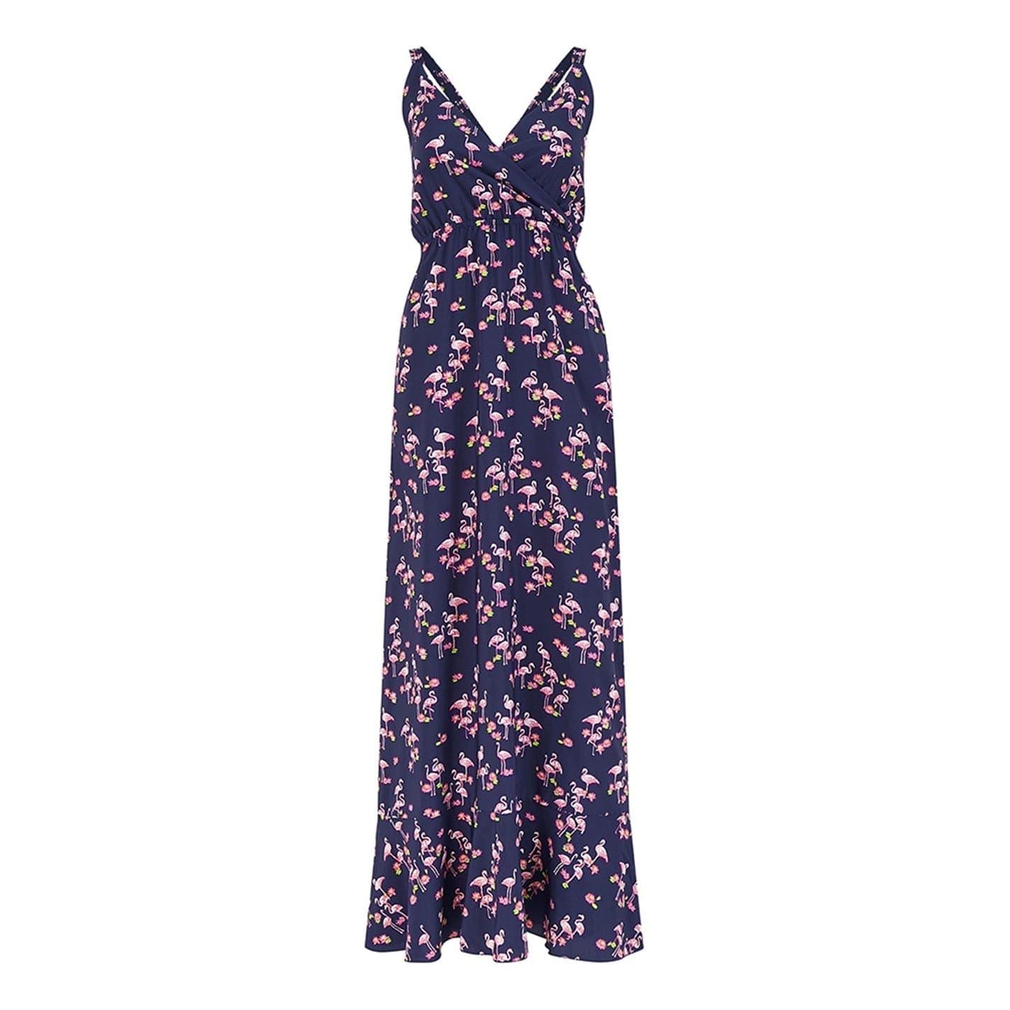 Yumi Flamingo V-Neck Maxi Dress
