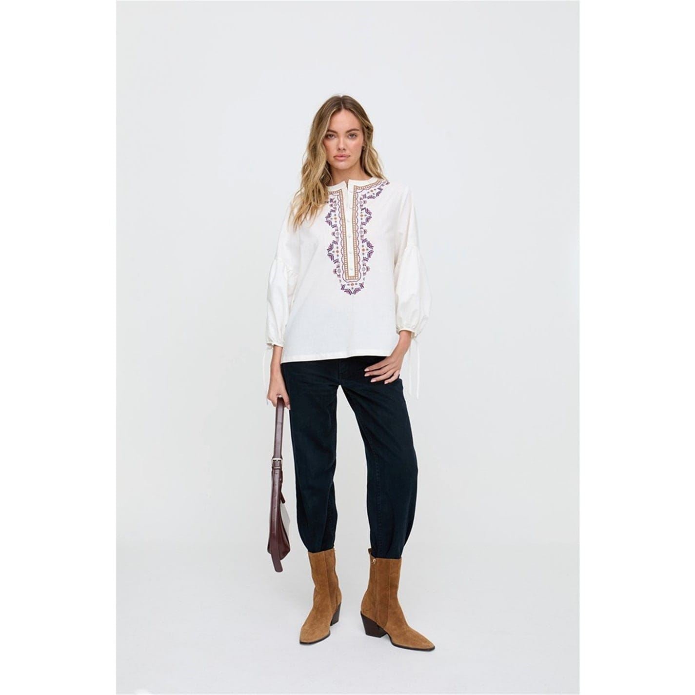 Raffya Embroidered Notched Neck Band Collar Peasant Blouse