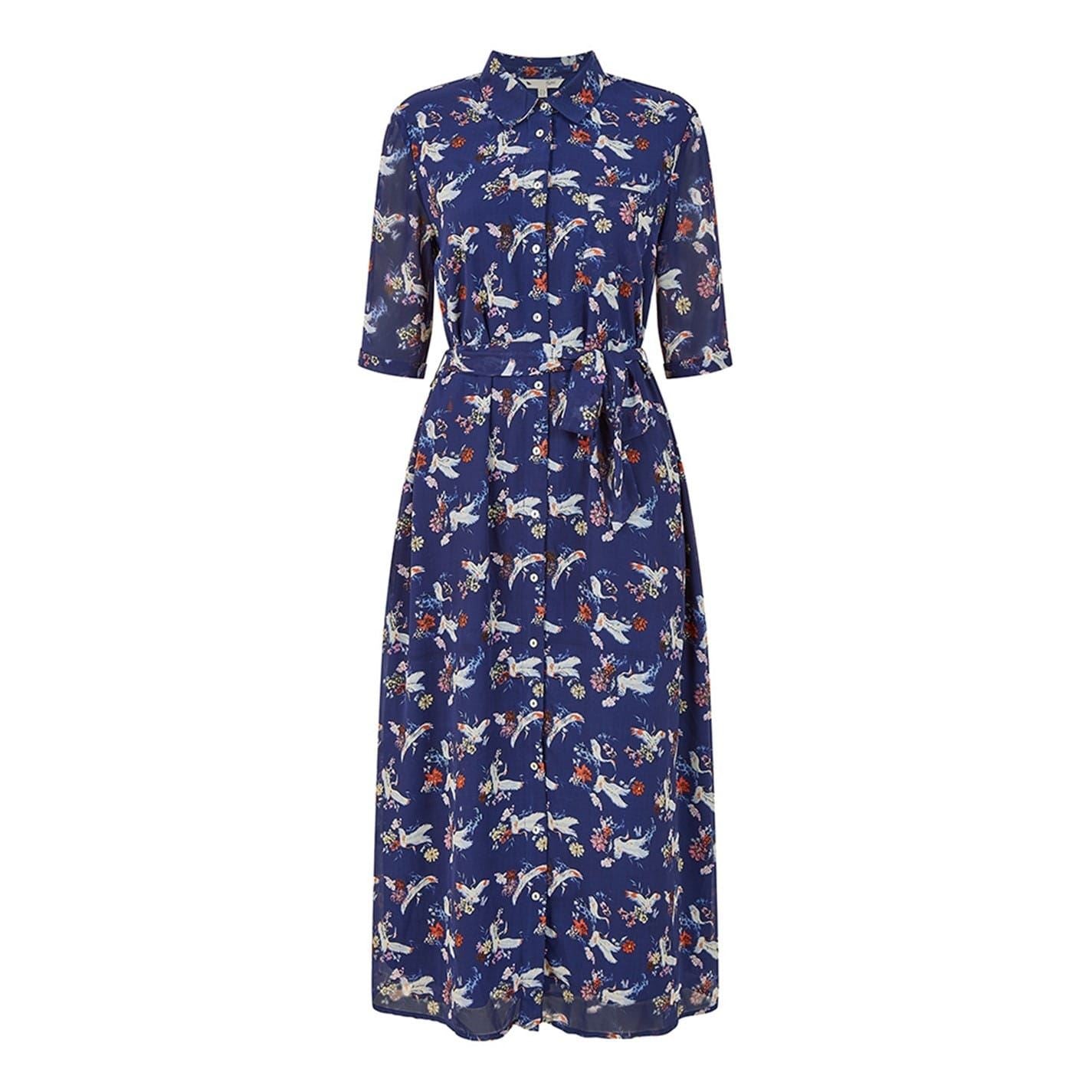 Yumi Crane Print Collared Neck Midi Dress
