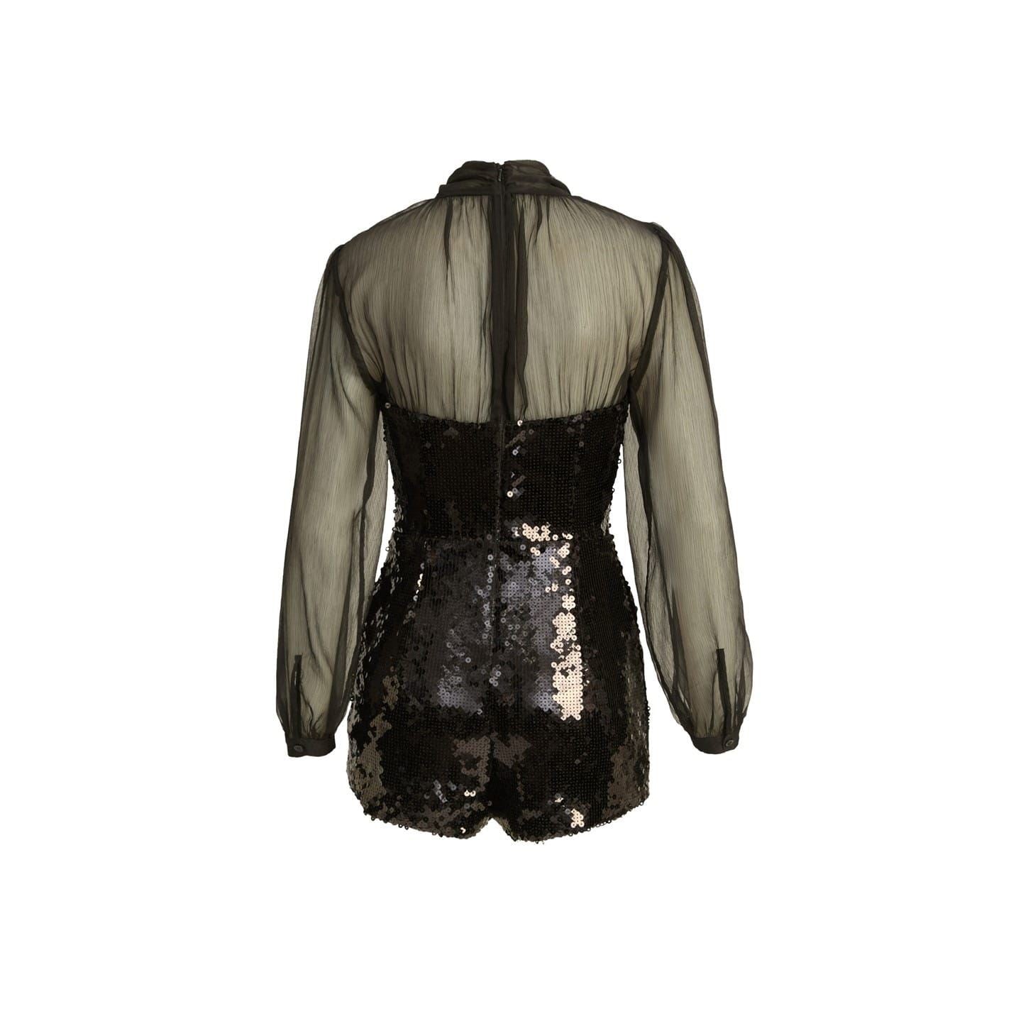 Bardot Tie Neck Long Sleeve Metallic Patterned Playsuit