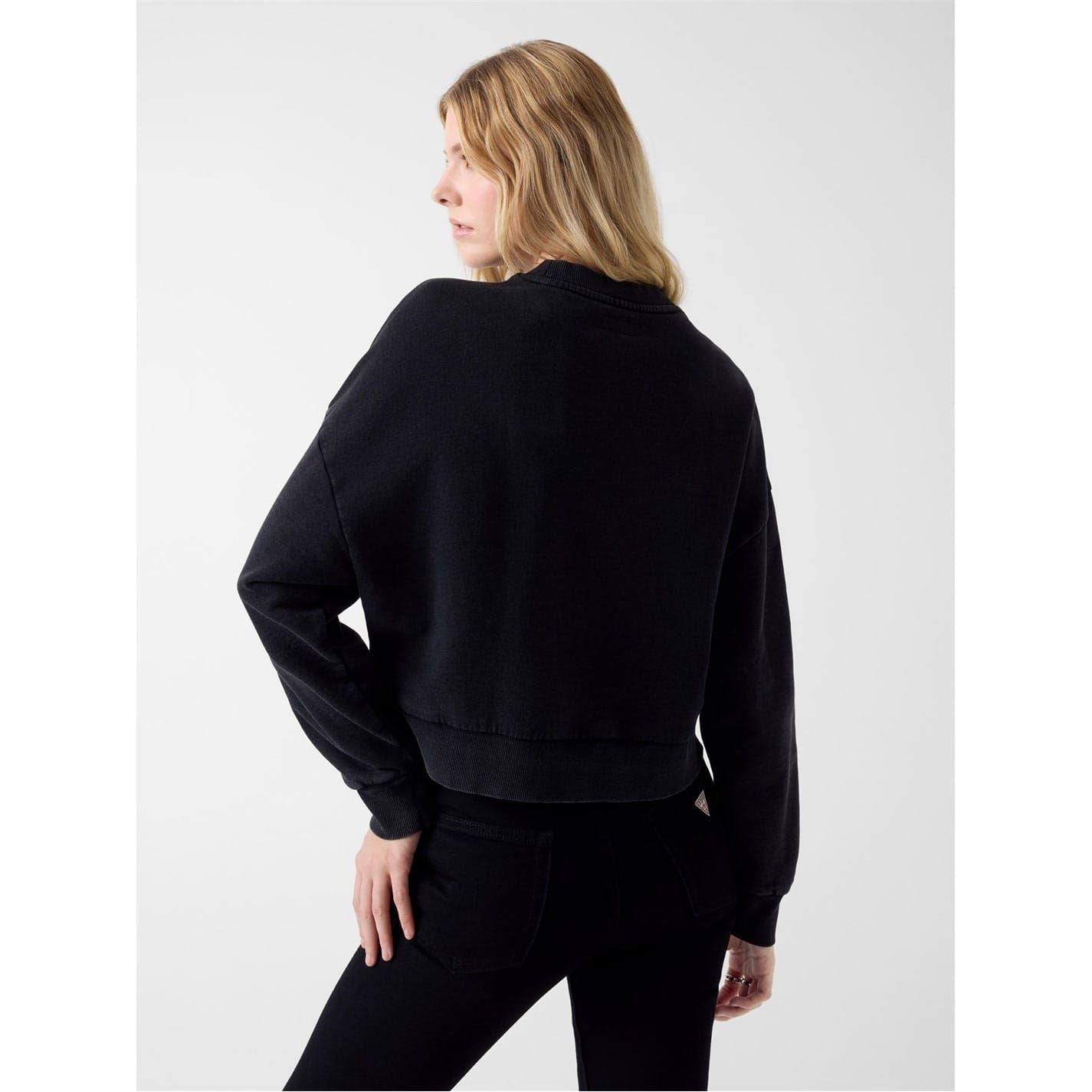 Guess Star Embroidered Arch Lettering Crew Neck Long Sleeve Sweatshirt