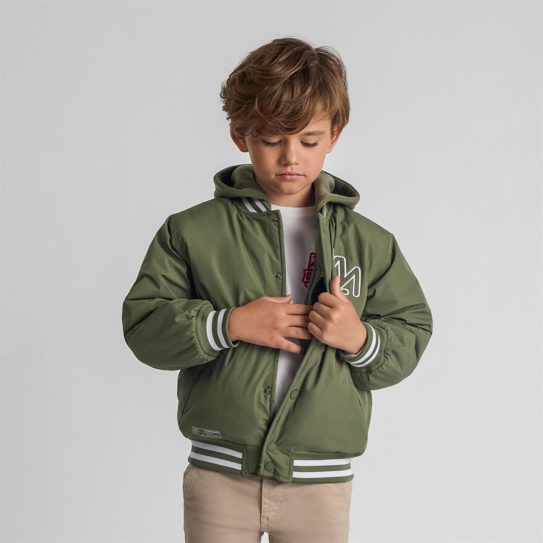 Minoti Boys Baseball Jacket Detachable Hood Embroidery Khaki
