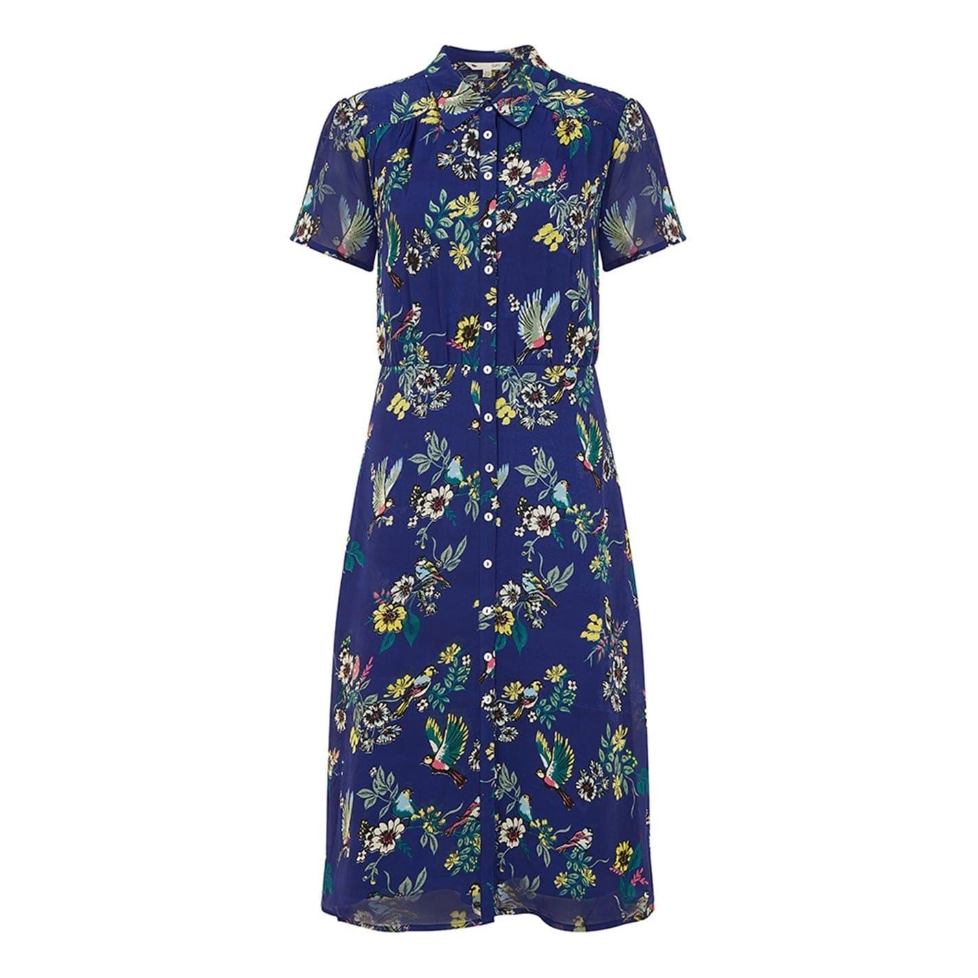Yumi Bird Print Collared Neck Midi Dress