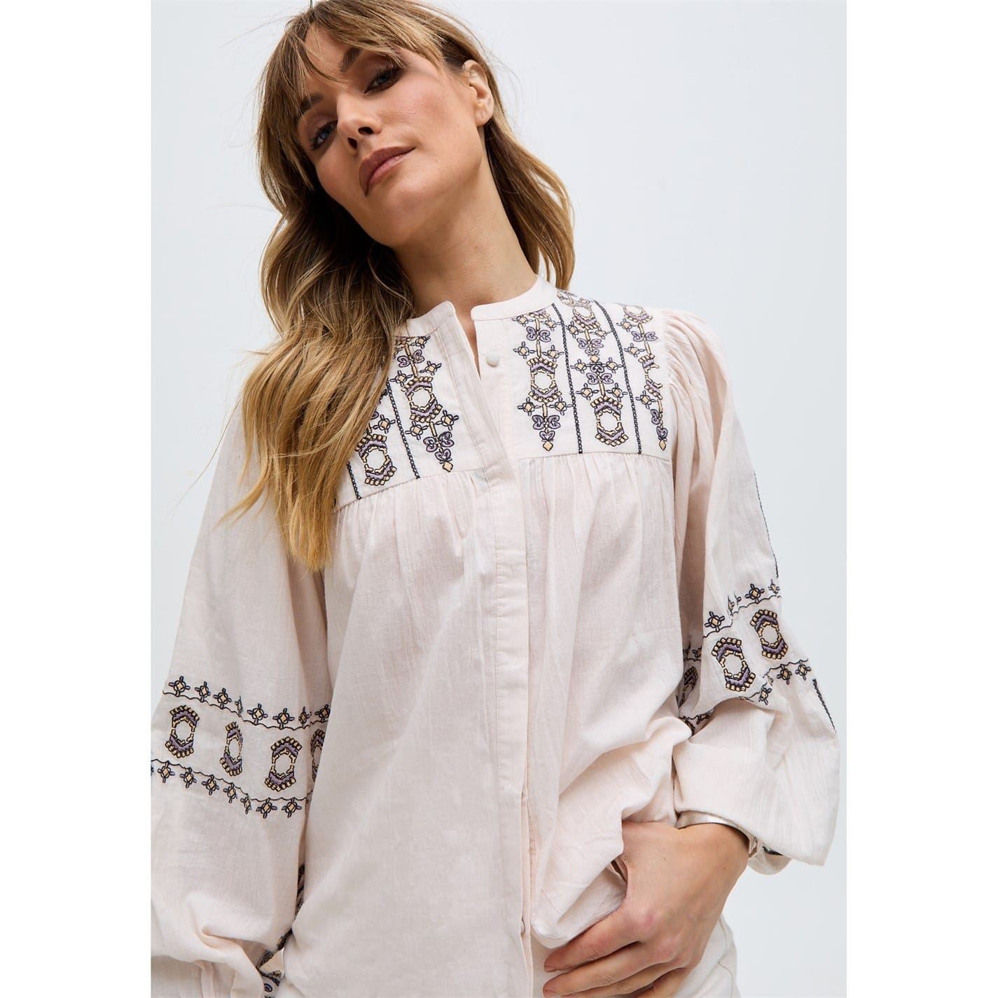 Raffya Embroidered Ballon Sleeve Shirt In Cream