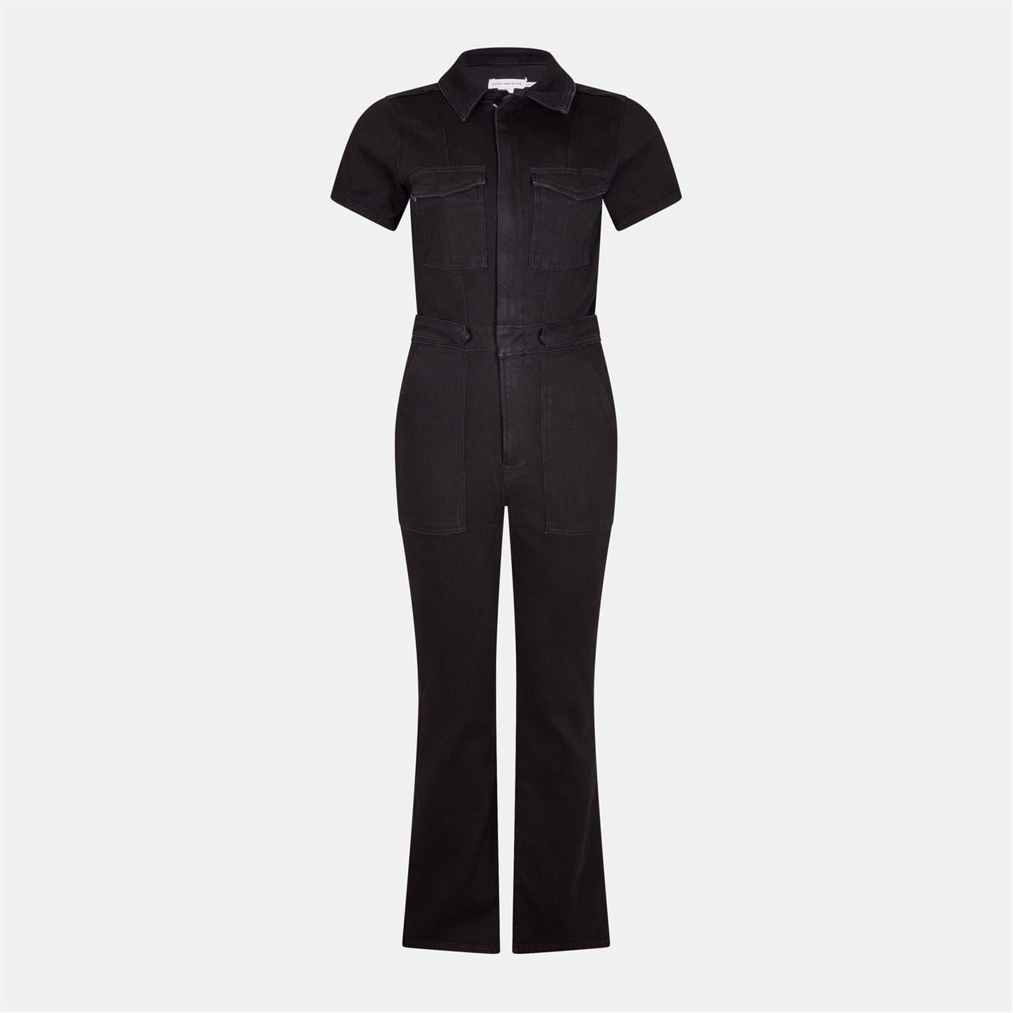 Good American Collared Neck Short Sleeve Solid Patterned Jumpsuit