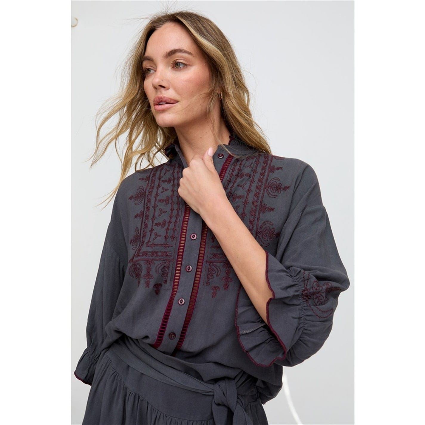 Raffya Julie Embroidered High Collar Ruffle Sleeve Peasant Shirt
