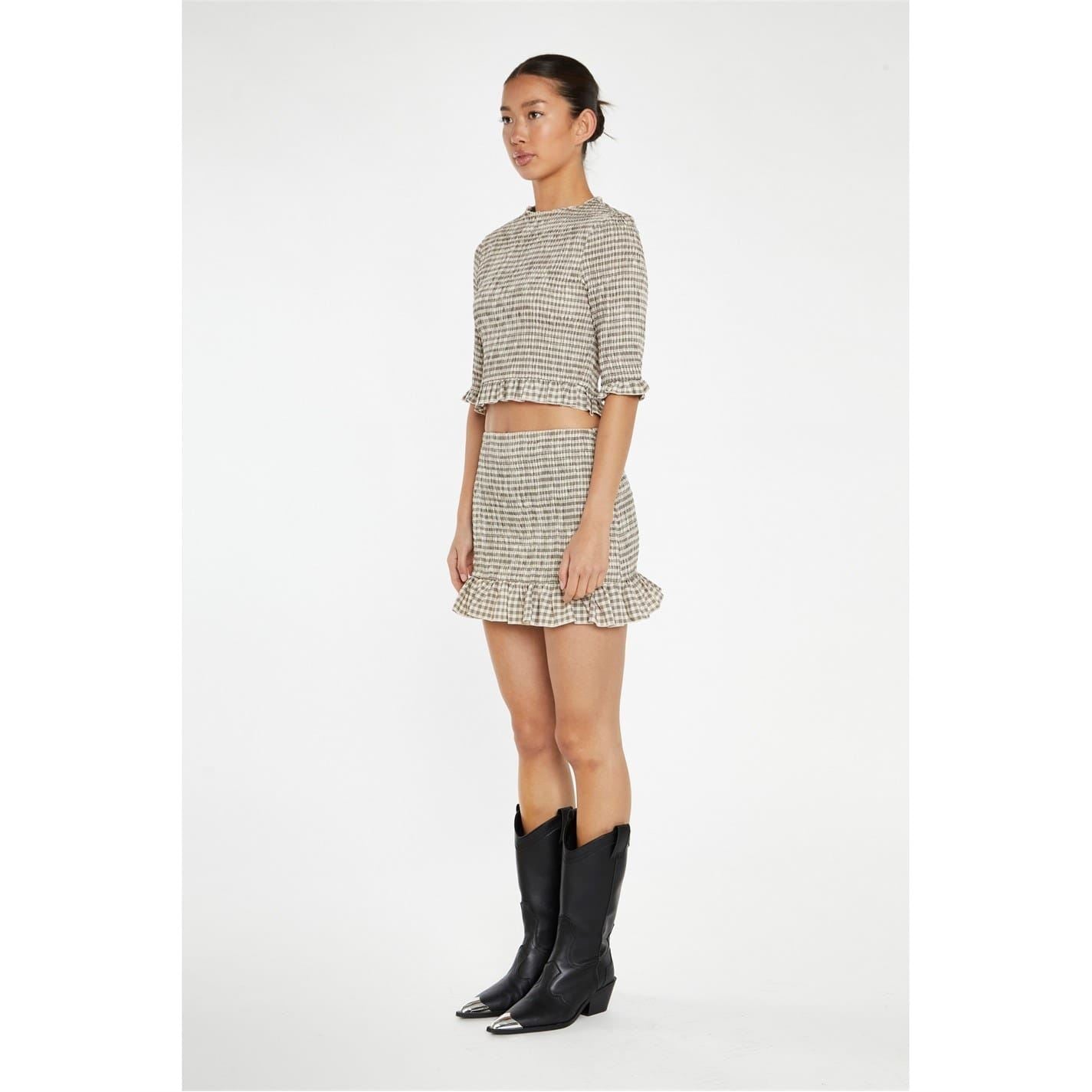 Glamorous Beige Black Check Shirred Crop Top