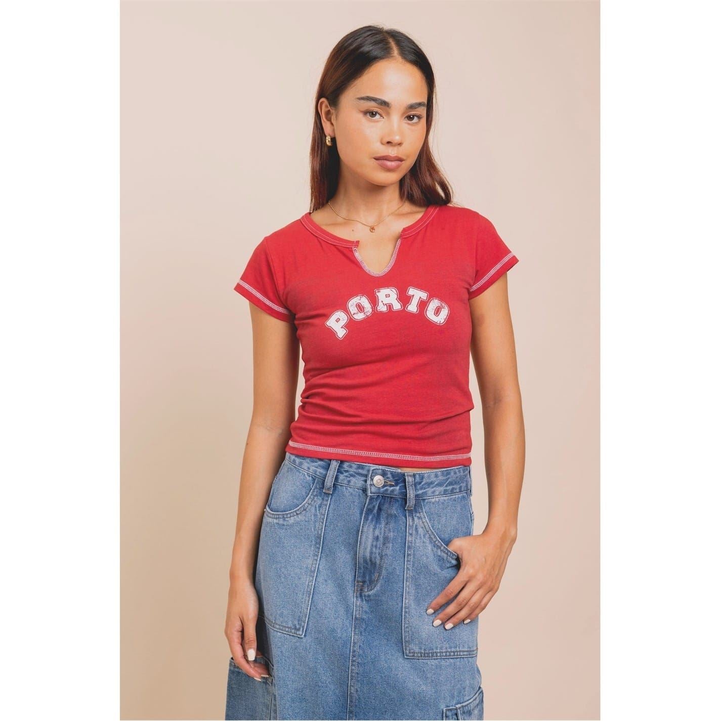 Daisy Street Cropped Notched Neck Lettering T-Shirt