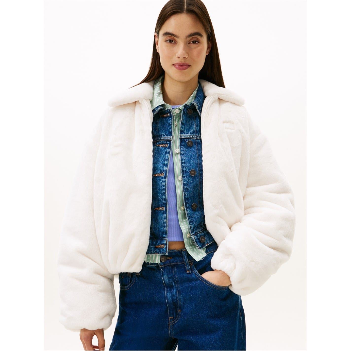 Tommy Jeans Solid Patterned Fauxfur Bomber Jacket