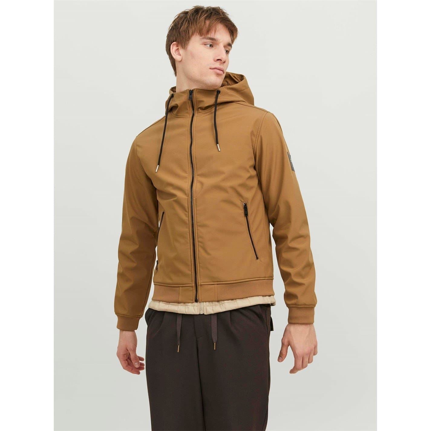 Jack and Jones Softshell Solid Patterned Hooded Drawstring Zipped Pocket Jacket