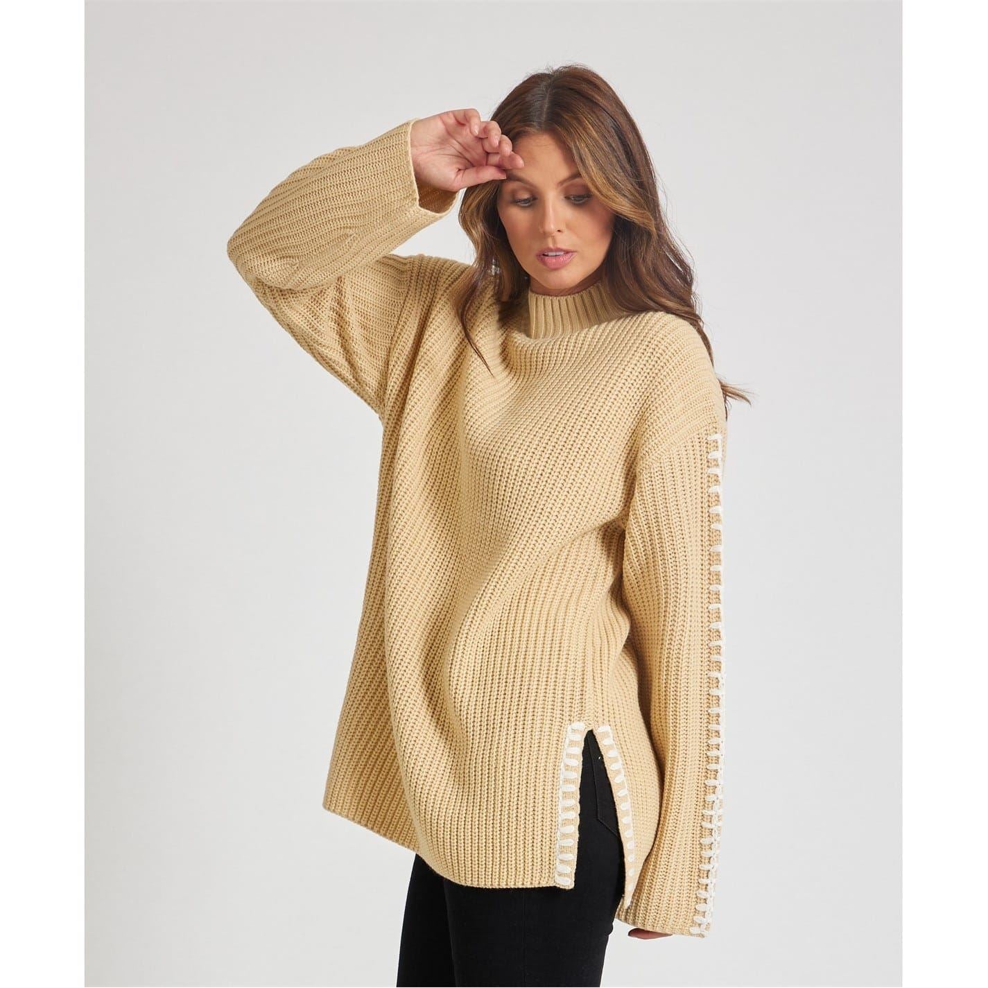 Be You Contrast Stitch Mock Neck Sweater