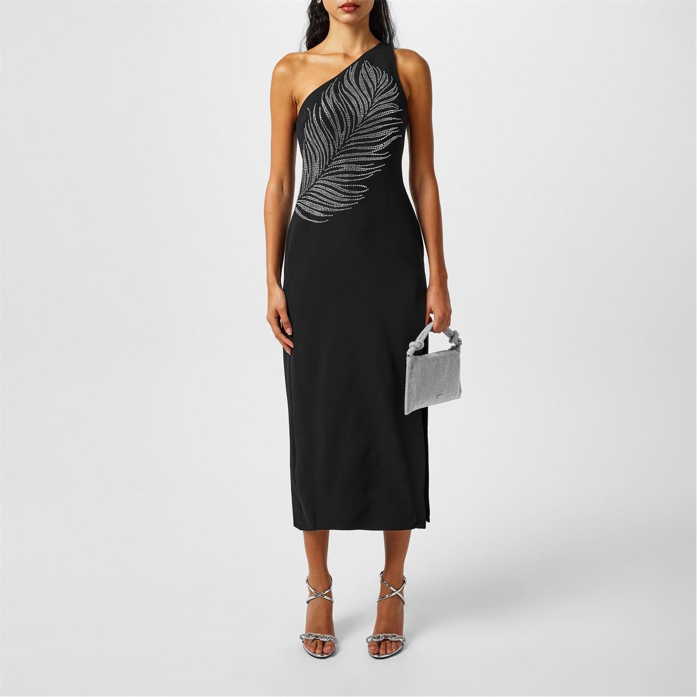 David Koma Feather Embroidered One Shoulder Midi Slip Dress