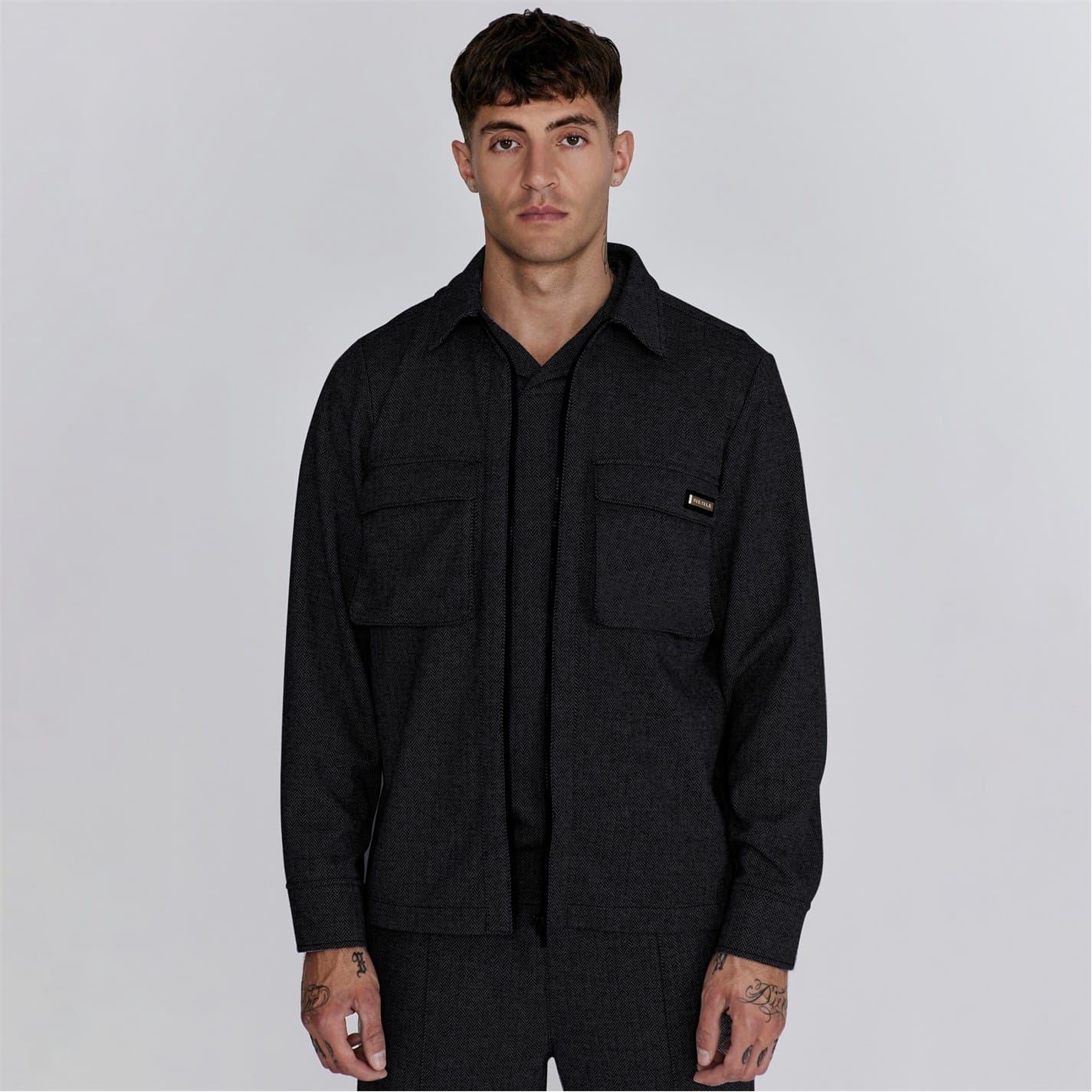 SikSilk Herringbone Snap Button Overshirt with Chest Pocket