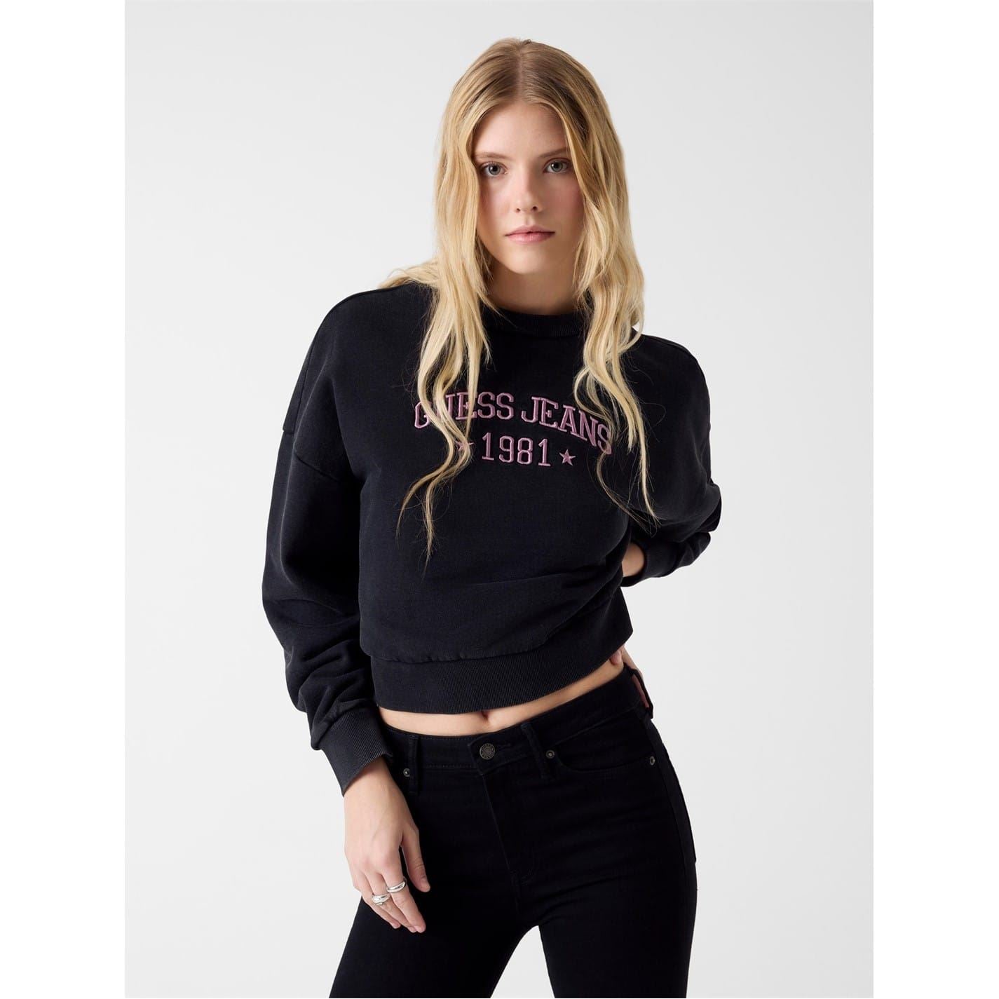 Guess Star Embroidered Arch Lettering Crew Neck Long Sleeve Sweatshirt