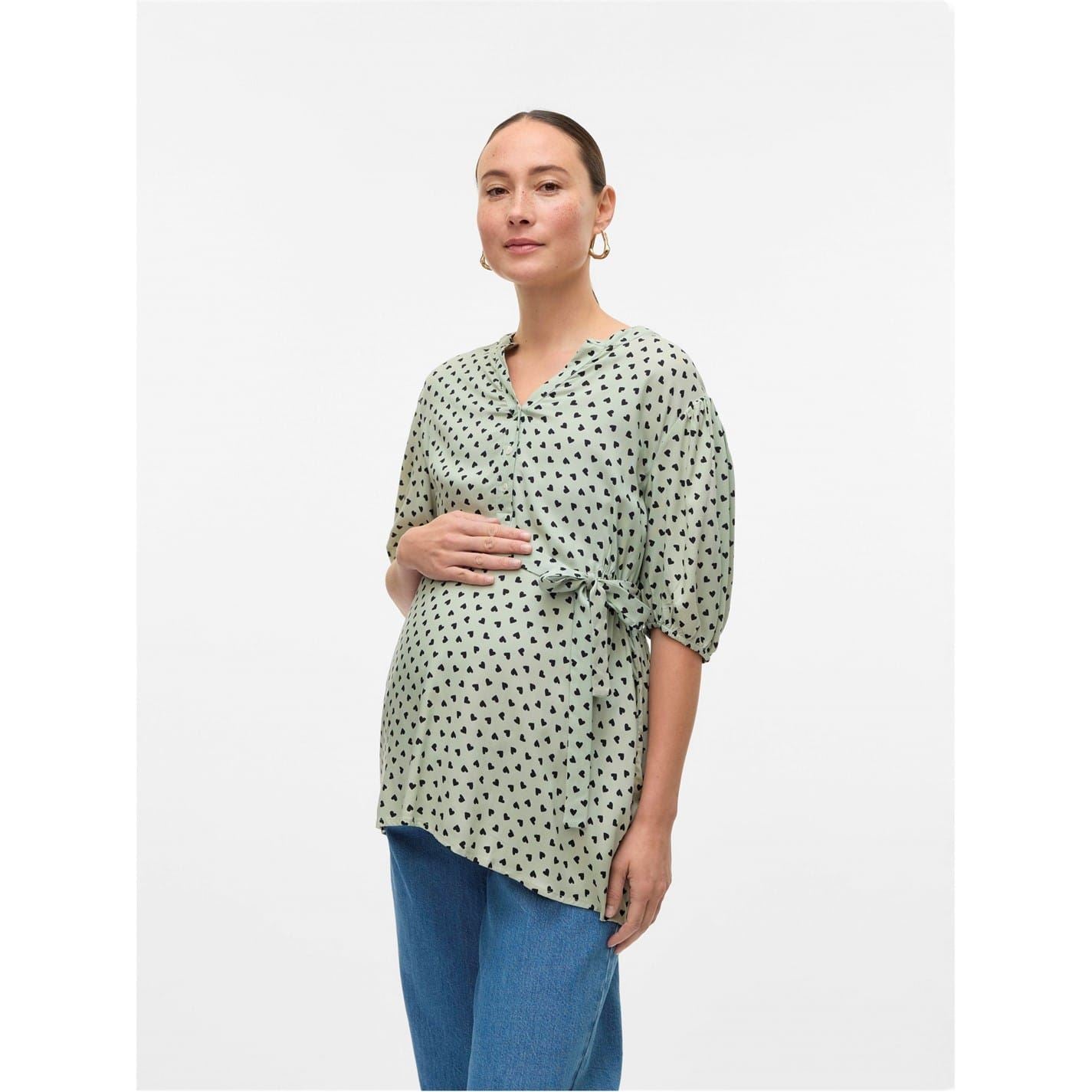 Mamalicious Notched Neck Puff Sleeve Three Quarter Blouse