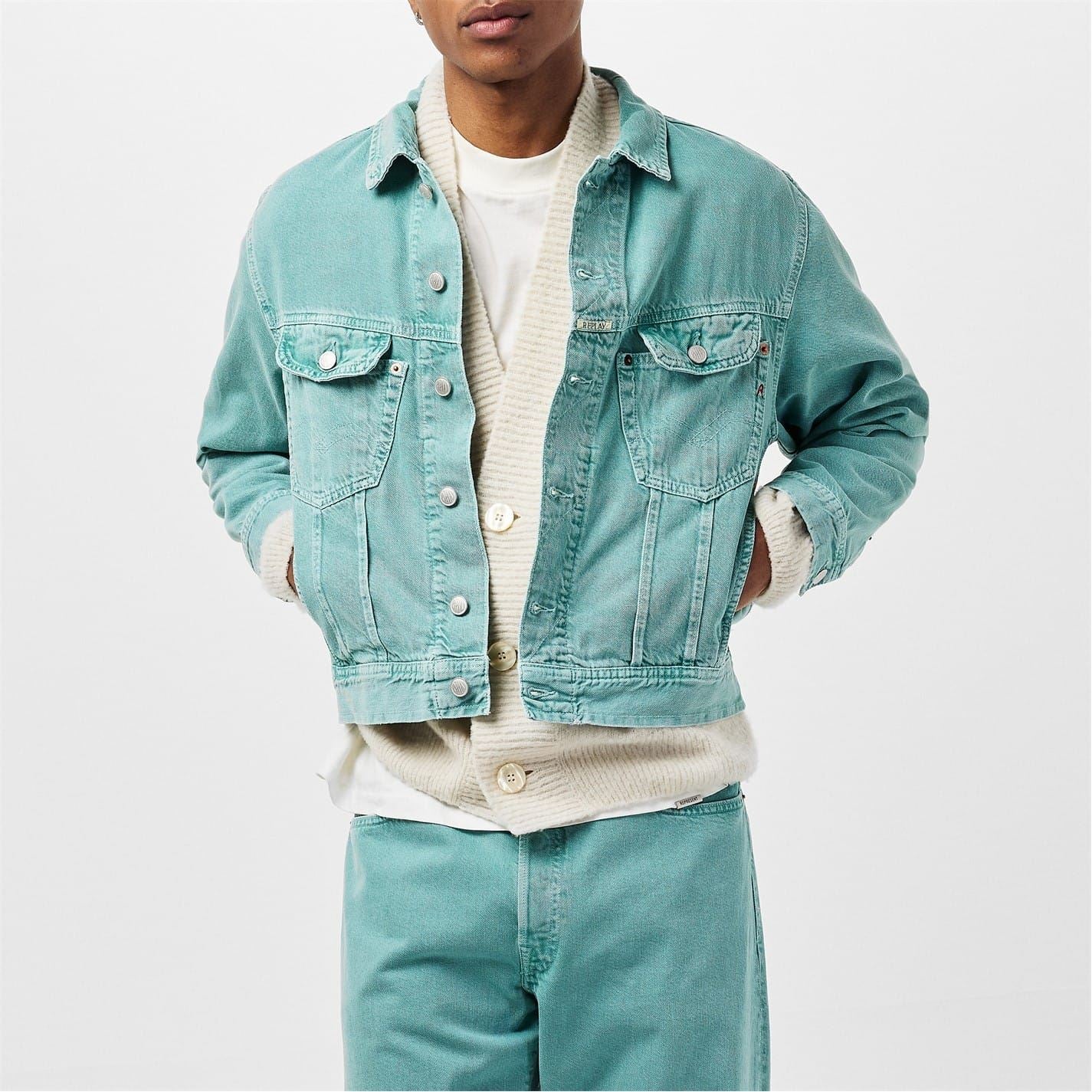 Replay Solid Patterned Snap Button Denim Jacket with Pockets