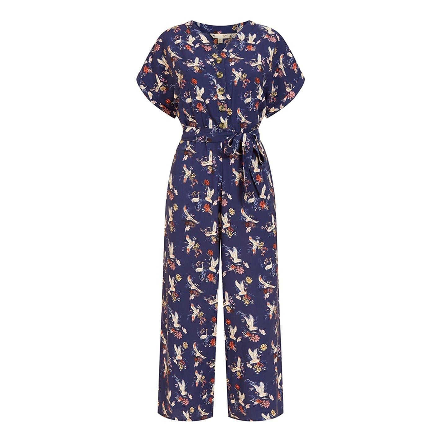 Yumi Crane Print Collared Culotte Jumpsuit