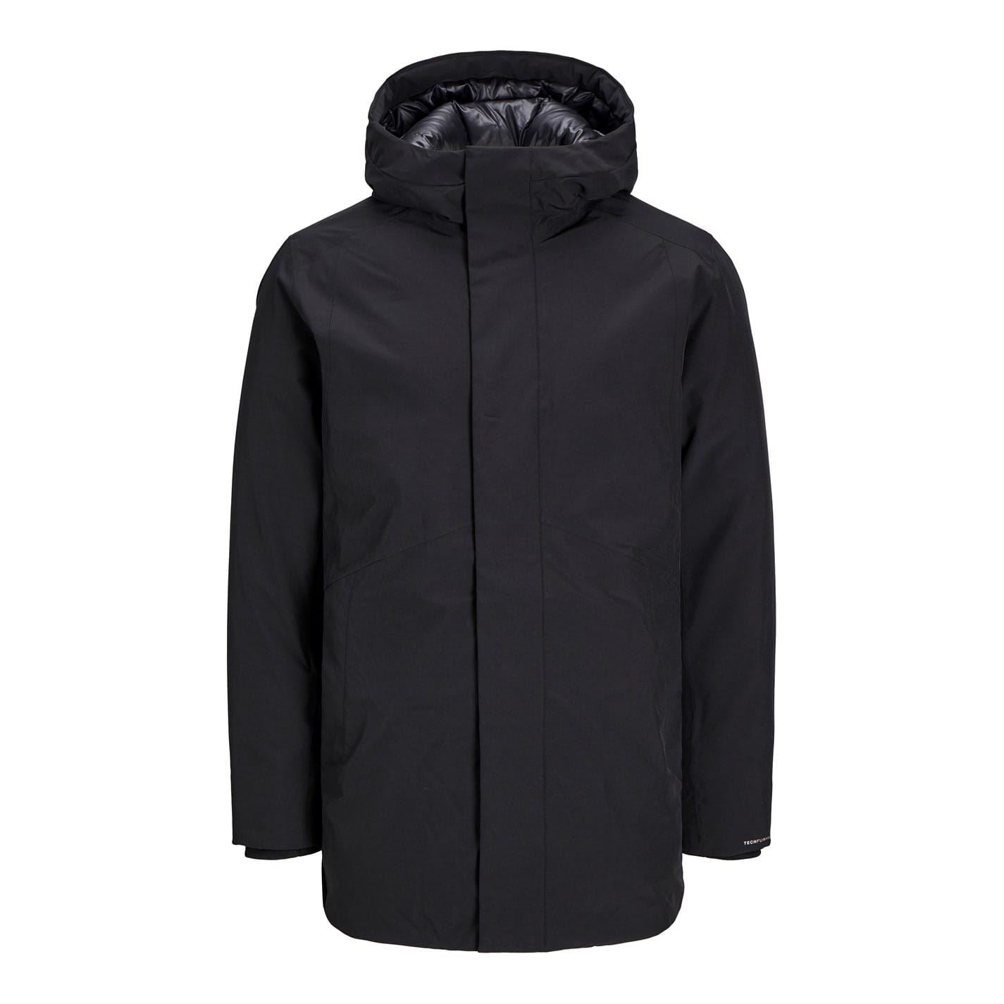 Jack and Jones Hooded Snap Button Solid Patterned Parka Coat
